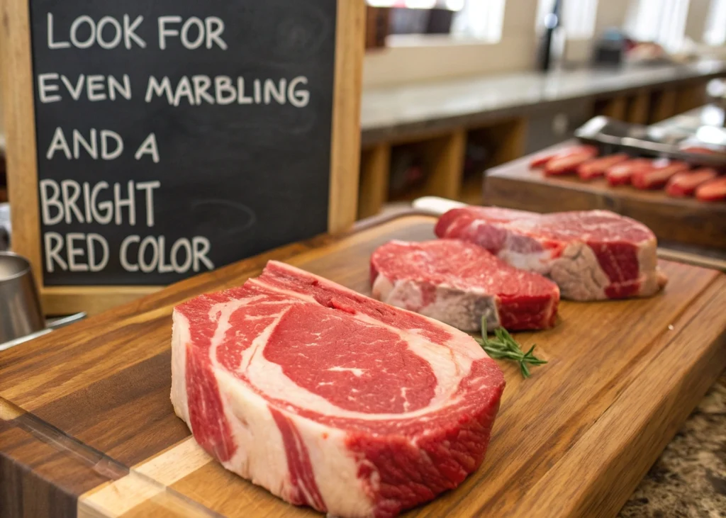 A shopper selecting a high-quality Delmonico steak from a butcher's display, focusing on the steak's marbling, thickness, and vibrant red color