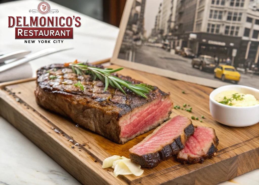 A close-up of a thick, juicy Delmonico steak served on a plate with a side of asparagus and a baked potato, highlighting its rich marbling and tender texture.