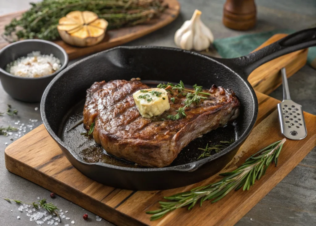 Step-by-step guide to cooking cowboy steak, showing seasoning, searing in a cast-iron skillet, checking temperature with a meat thermometer, and resting the steak before slicing