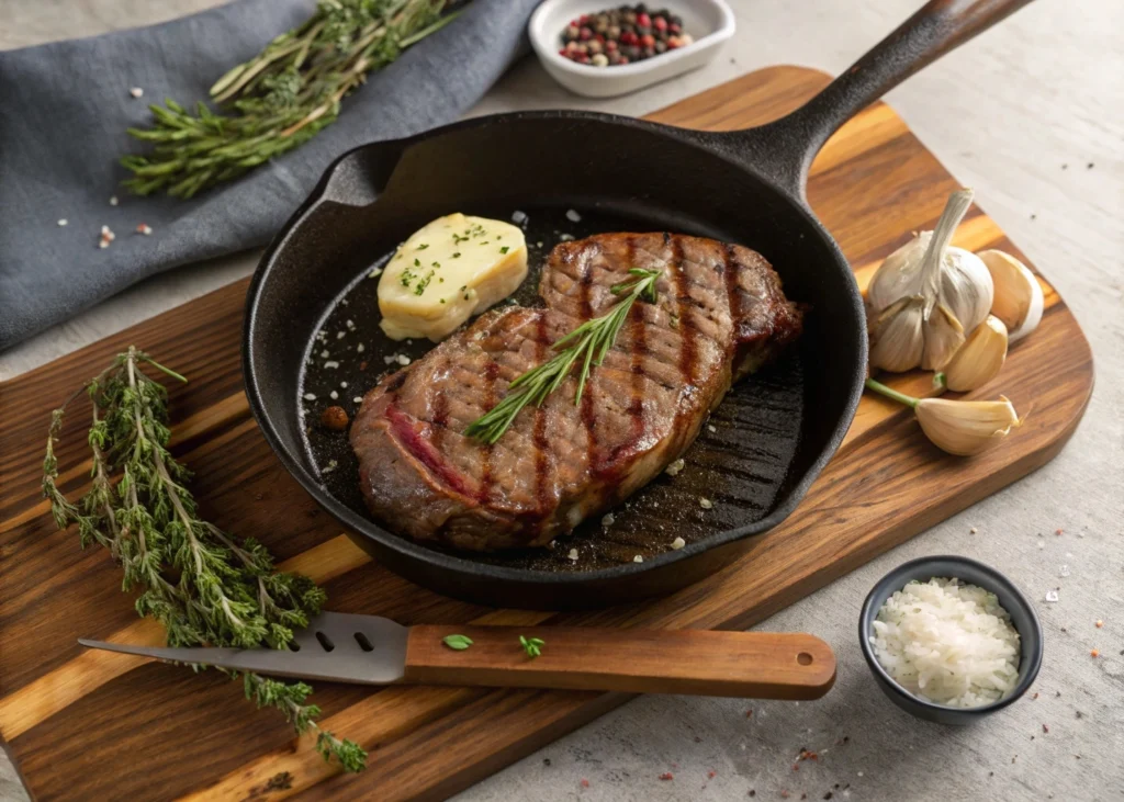 A step-by-step visual guide to cooking Delmonico steak, showing seasoning, searing in a cast-iron skillet, checking temperature with a meat thermometer, and resting the steak before slicing