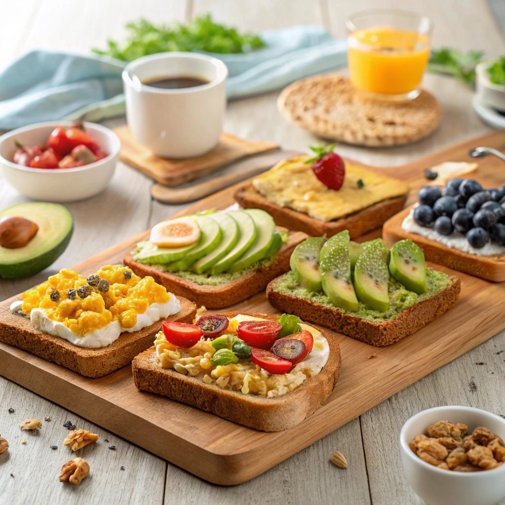 A variety of colorful breakfast toast ideas with fresh ingredients and toppings