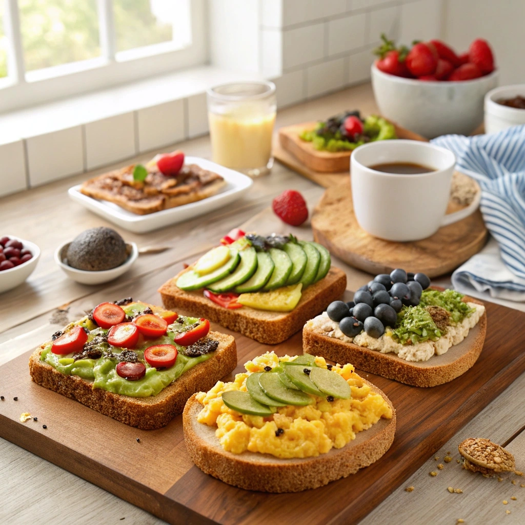 Healthy breakfast toast ideas with toppings like avocado, eggs, and fresh veggies