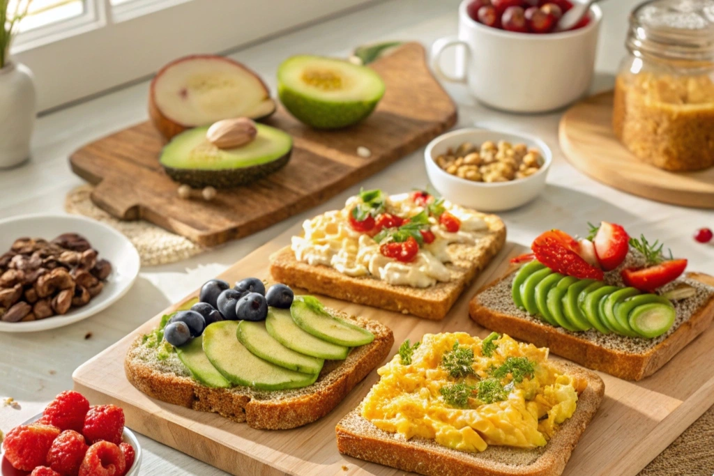 Various breakfast toast ideas with toppings like avocado, scrambled eggs, fruit, and nut butter.