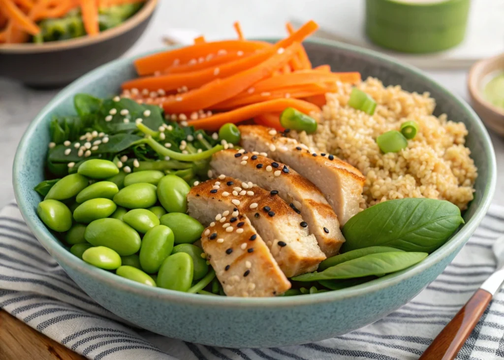 A vibrant edamame and chicken power bowl, featuring grilled chicken, edamame, quinoa, fresh veggies, and a tangy dressing for a healthy and nutrient-packed meal.