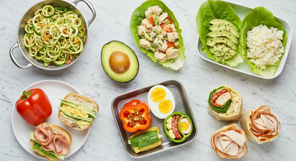 A variety of colorful low-carb lunch options displayed on a marble surface, including zoodles, lettuce wraps with avocado and chicken, hard-boiled eggs, sandwiches, and wraps.