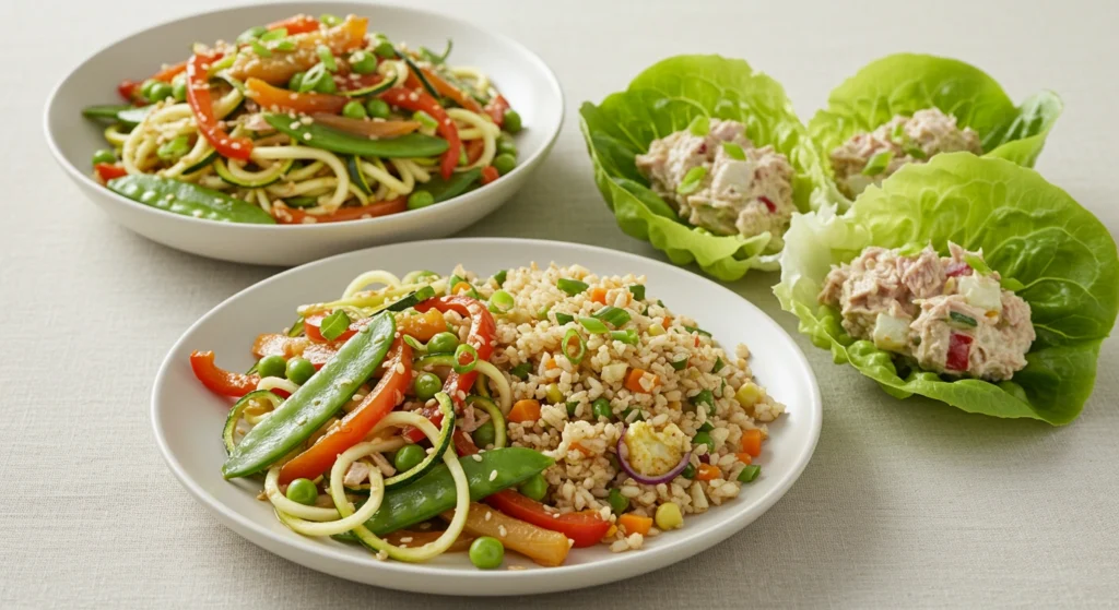 Zucchini Noodle Stir-Fry, Tuna Salad Lettuce Wraps, and Cauliflower Fried Rice on a table