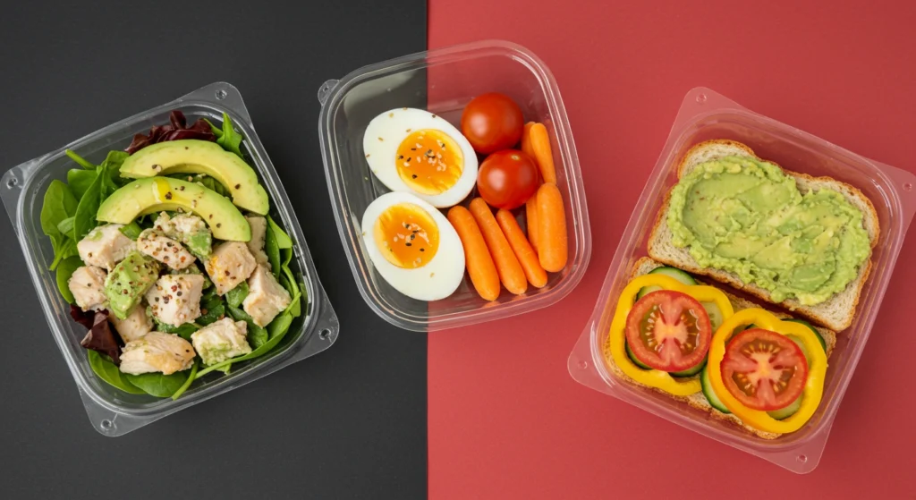 Avocado Chicken Salad, Hard-Boiled Egg Snack Packs, and Bell Pepper Sandwiches arranged neatly