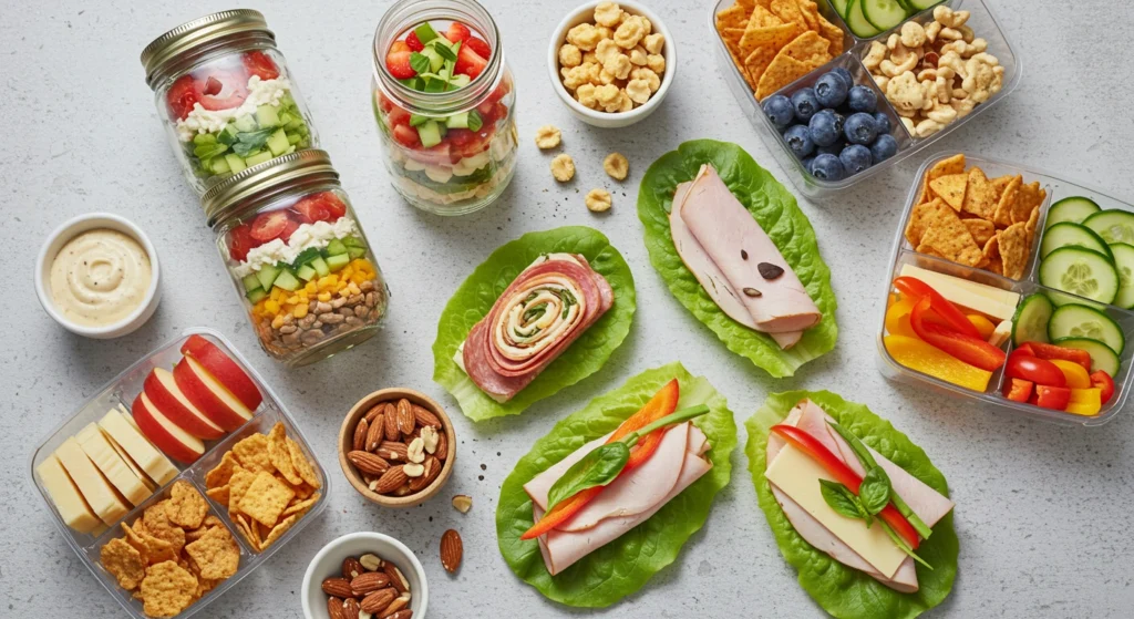 Salad Jar Creations, Cold Cut Roll-Ups, Snack Boxes, and Turkey and Cheese Lettuce Wraps on a table