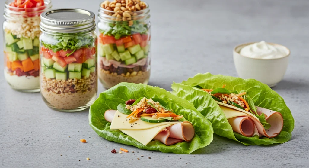 Assorted low carb lunches including salads, wraps, and snack boxes