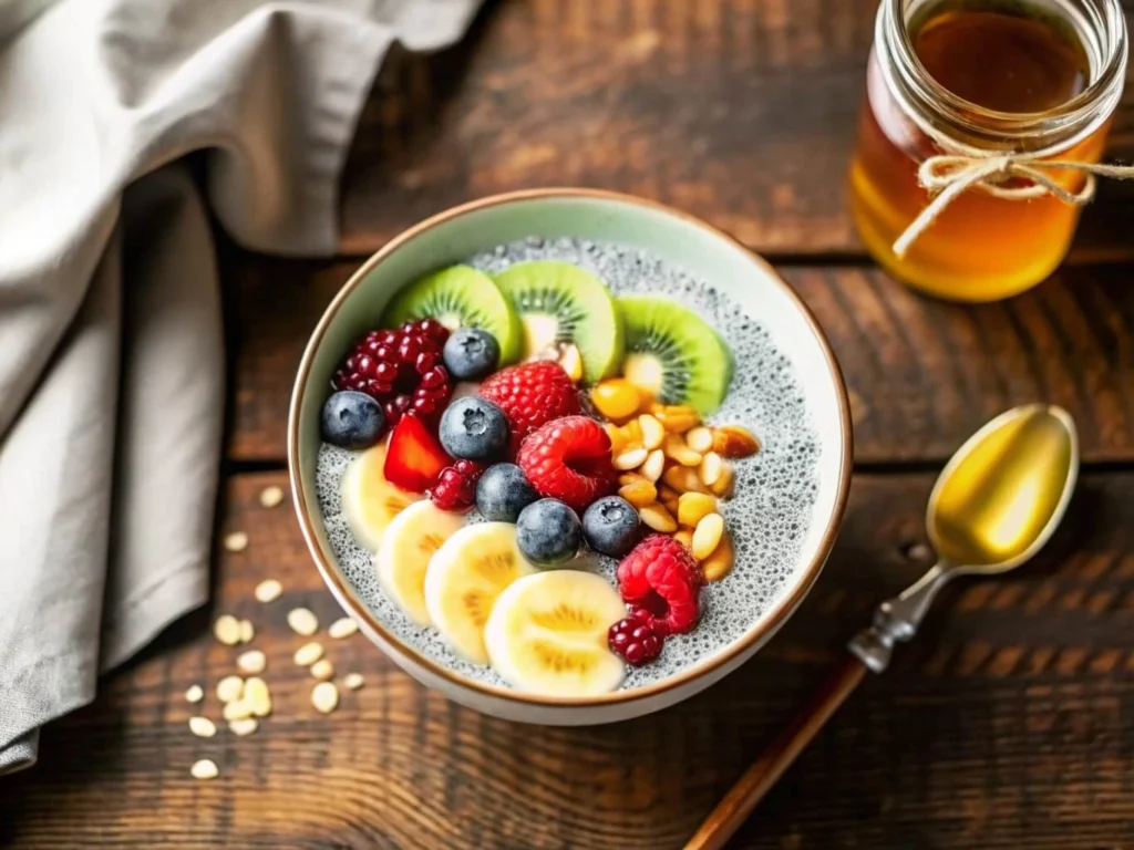 A jar of creamy chia pudding topped with fresh fruit, including strawberries, blueberries, and kiwi slices.