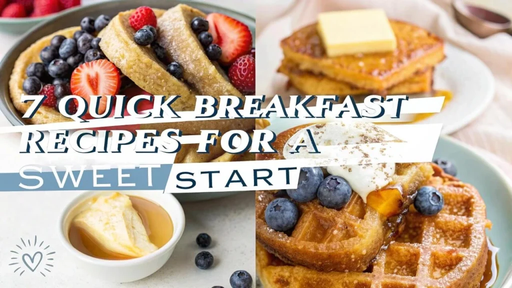 A collection of 7 quick sweet breakfast recipes including smoothies, oatmeal, and pancakes.