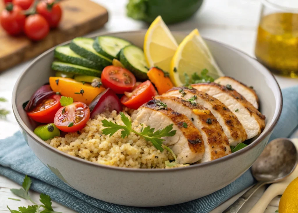  A grilled chicken quinoa bowl topped with fresh vegetables, avocado, and a light dressing for a healthy and balanced meal.