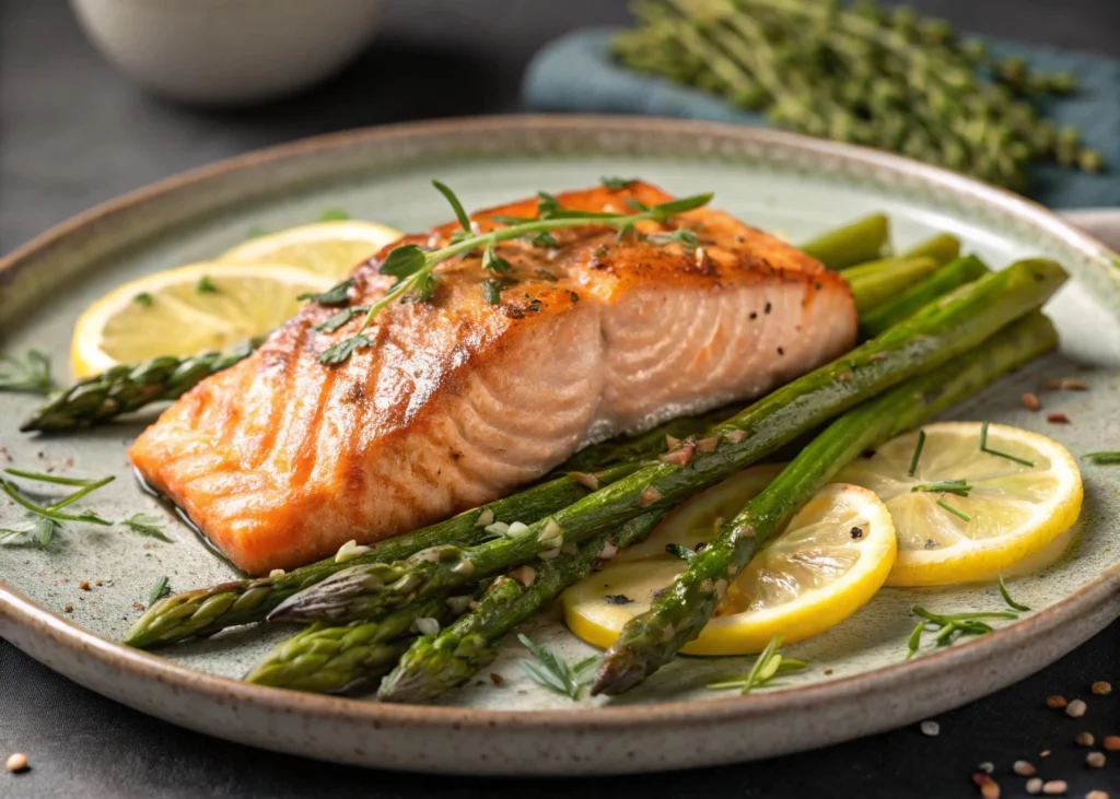 Grilled salmon served with a side of perfectly cooked asparagus, offering a healthy and flavorful meal packed with protein and nutrients.