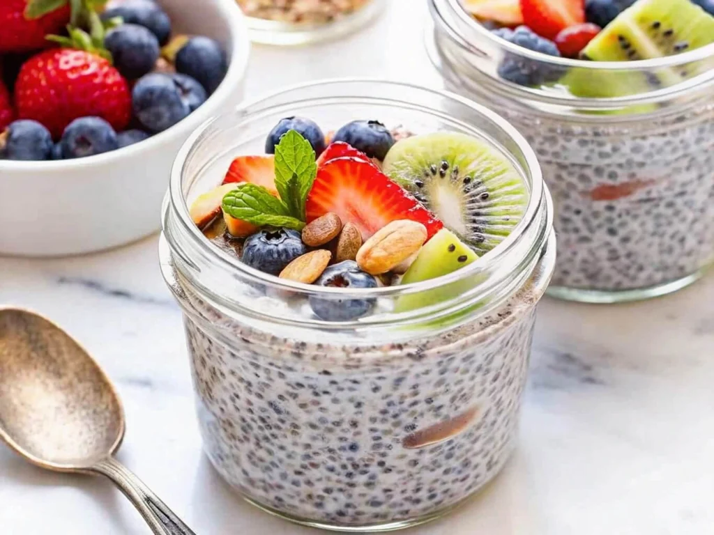 A bowl of chia pudding topped with fresh mixed fruit.