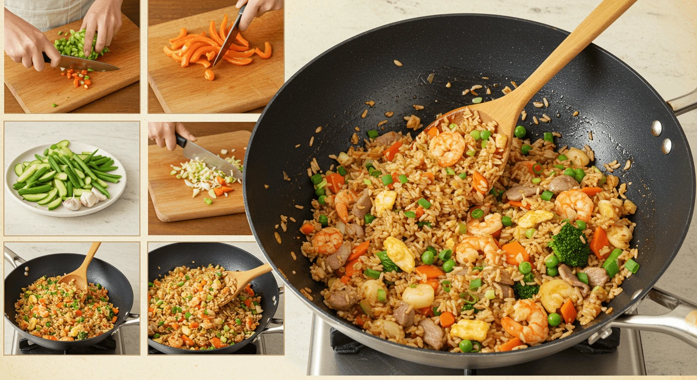 A plate of shrimp fried rice with vibrant vegetables, perfectly cooked shrimp, and a garnish of fresh green onions