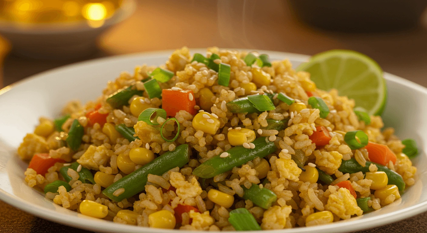 A bowl of gluten-free fried rice with vegetables and scrambled eggs.