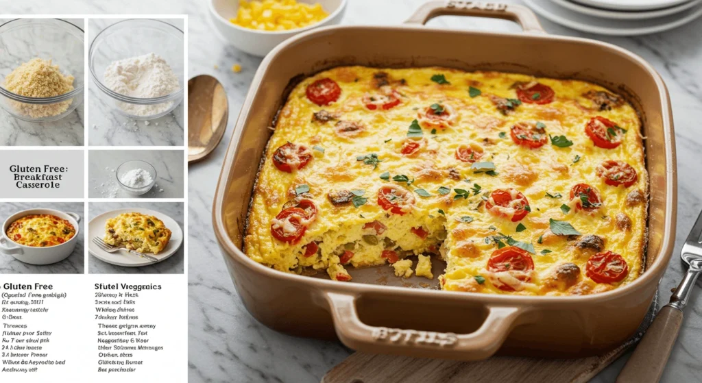 Gluten-free breakfast casserole with eggs, vegetables, and cheese.