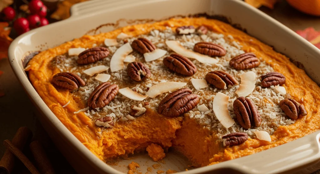 Dairy-Free & Gluten-Free Sweet Potato Casserole topped with pecans and cinnamon.

