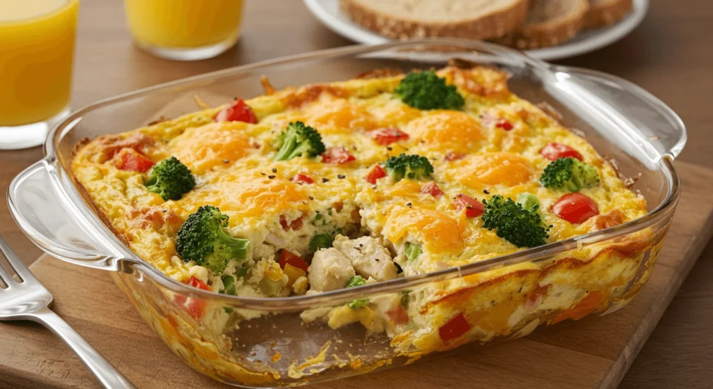 Protein-Packed Breakfast Casserole with chicken, broccoli, and bell peppers.

