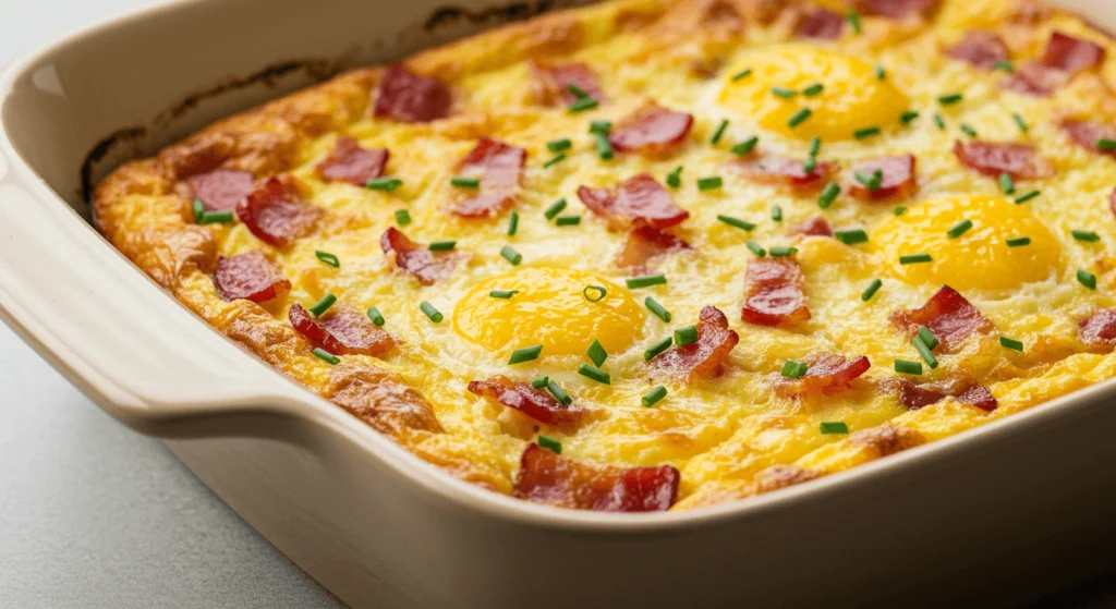 Low-Carb Bacon & Egg Casserole with crispy bacon and fluffy eggs.

