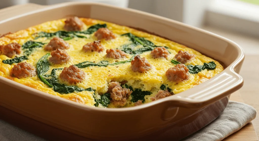 Gluten-Free Breakfast Casserole with sausage and spinach.

