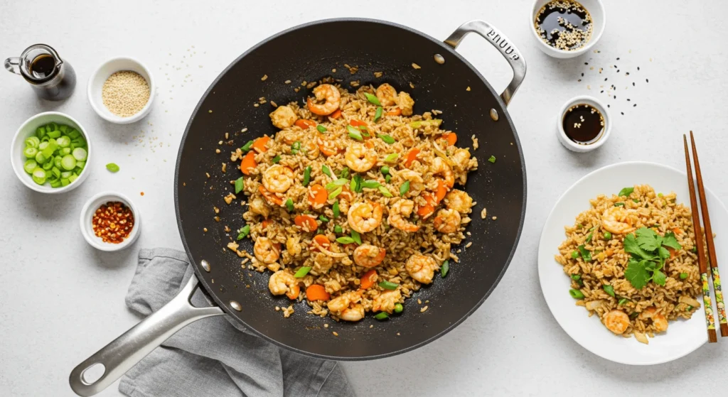 A plate of shrimp fried rice with vibrant vegetables, perfectly cooked shrimp, and a garnish of fresh green onions