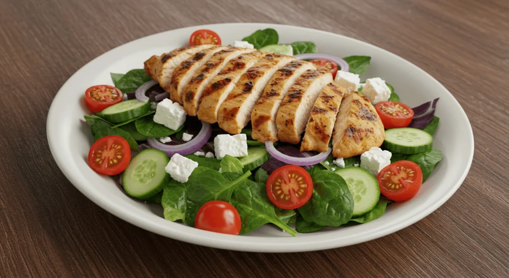 Grilled chicken salad with fresh vegetables, a perfect high-protein and keto-friendly lunch idea for work