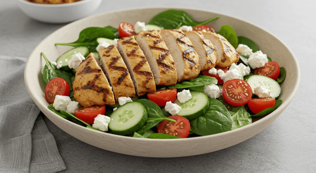 Grilled chicken salad with fresh vegetables, a perfect high-protein and keto-friendly lunch idea for work