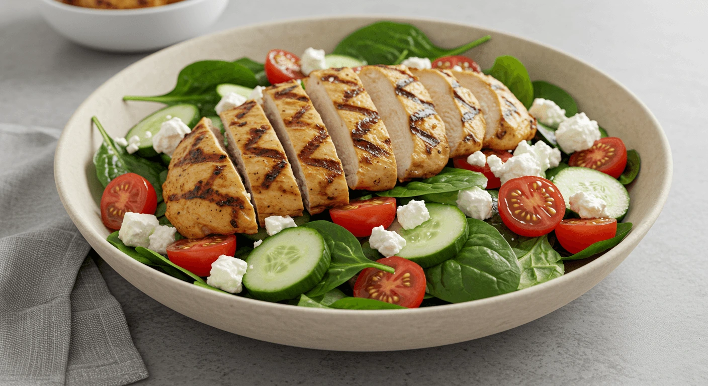 Grilled chicken salad with fresh vegetables, a perfect high-protein and keto-friendly lunch idea for work