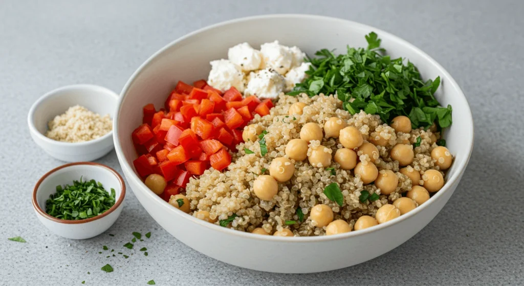 Quinoa and chickpea salad with fresh vegetables, a healthy and high-protein quick lunch idea for work