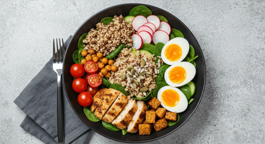 Leafy greens power bowl with spinach, kale, and protein-rich toppings, a healthy and quick keto lunch idea for work