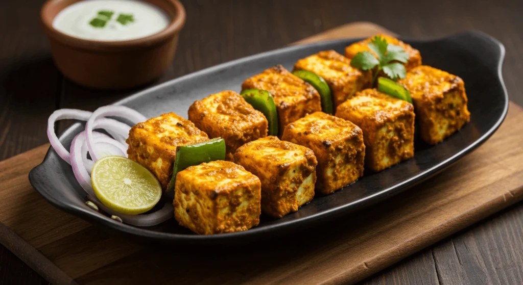 Grilled paneer tikka with spices, a high-protein Indian dish perfect for a quick and healthy keto-friendly lunch at work