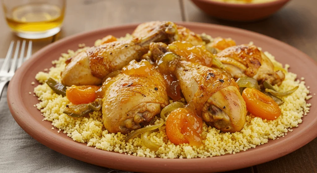 Traditional Moroccan chicken couscous with apricot preserves, vibrant vegetables, and aromatic spices.

