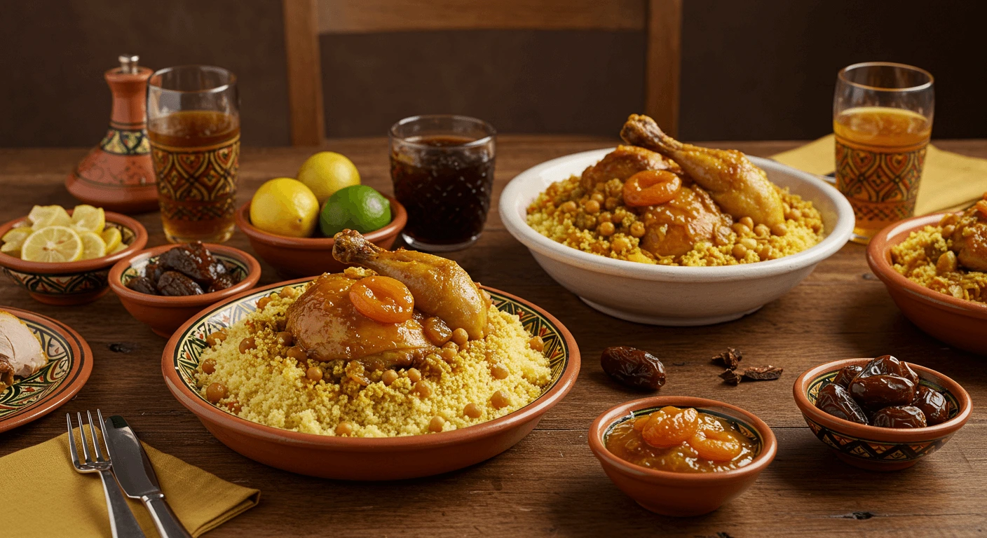 Traditional Moroccan chicken couscous with apricot preserves, vibrant vegetables, and aromatic spices.