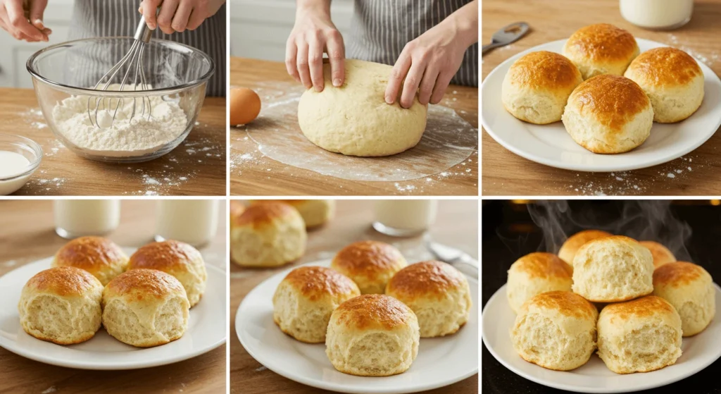 Fluffy homemade no-yeast dinner rolls on a baking tray