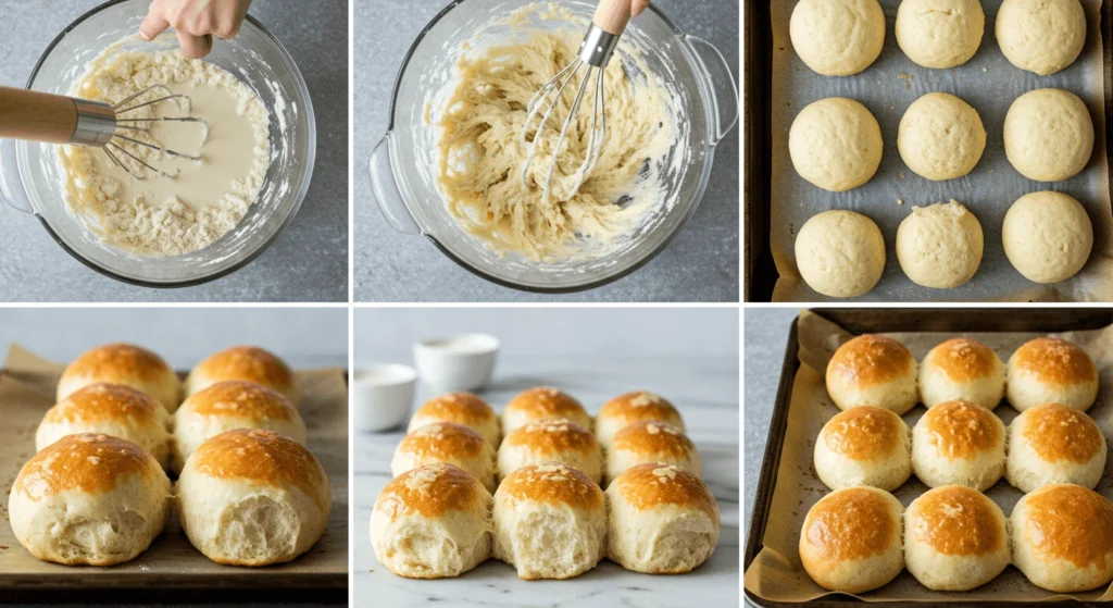 Fluffy homemade no-yeast dinner rolls on a baking tray