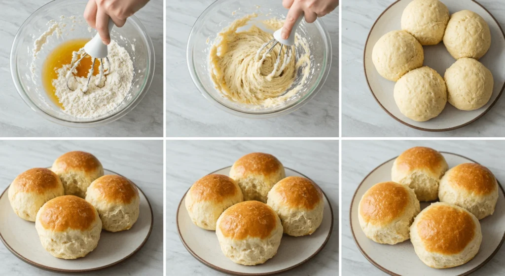 Fluffy homemade no-yeast dinner rolls on a baking tray