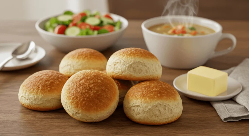 Golden brown no-yeast dinner rolls fresh out of the oven