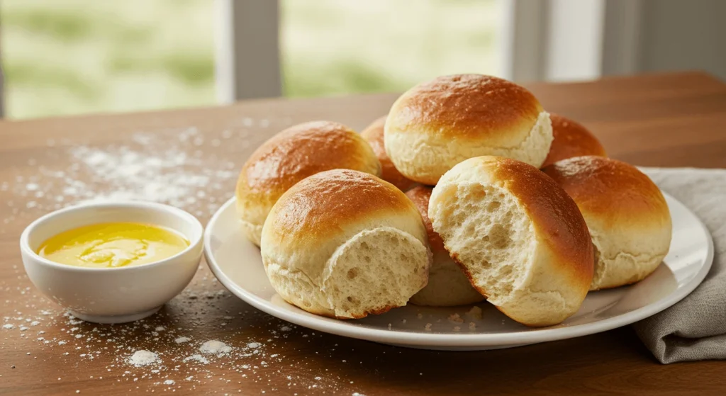 Fluffy no-yeast dinner rolls served on a plate with melted butter