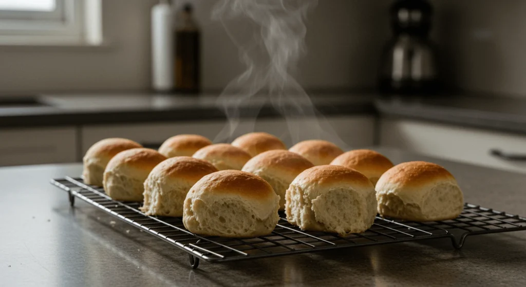 Close-up of soft and fluffy no-yeast dinner rolls on a rustic wooden table