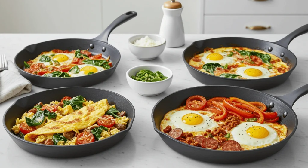 One-pan egg dinners with vegetables and seasonings for a quick, easy, and minimal cleanup meal.

