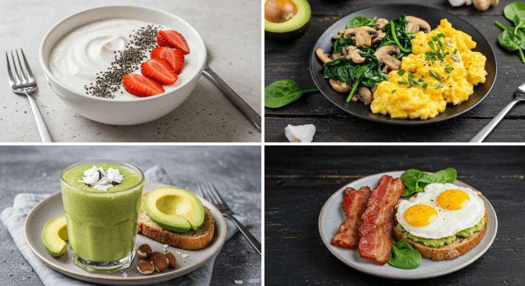 An assortment of keto-friendly fast food breakfast items, including an egg and cheese sandwich wrapped in lettuce, avocado slices, bacon, and a coffee cup on a wooden table.