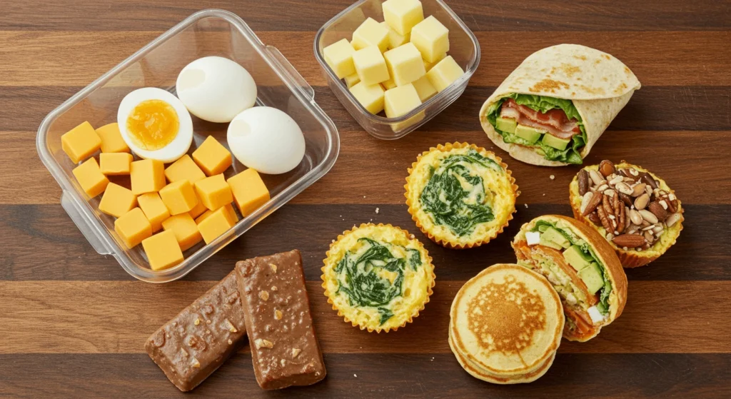 A variety of quick keto breakfast ideas, including boiled eggs, cheese cubes, egg muffins, bacon and avocado wraps, nuts, and mini keto pancake sandwiches