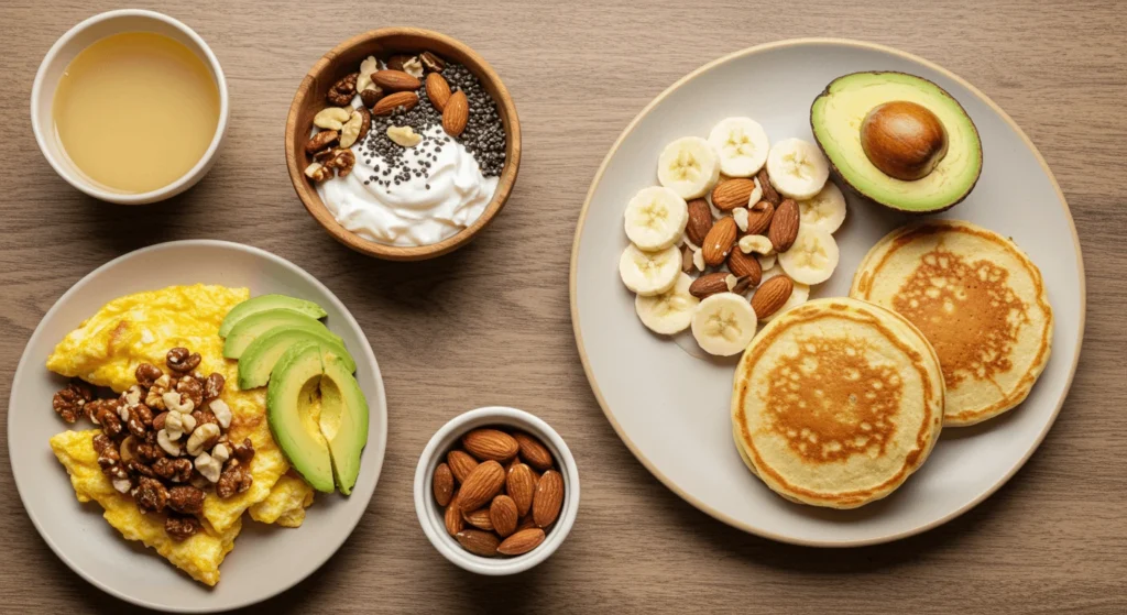 New keto breakfast trends for 2025, including tofu scramble with avocado, nut-based yogurt bowls, coconut cream smoothie bowls, almond flour pancakes, and tech-driven tools for keto dieting.