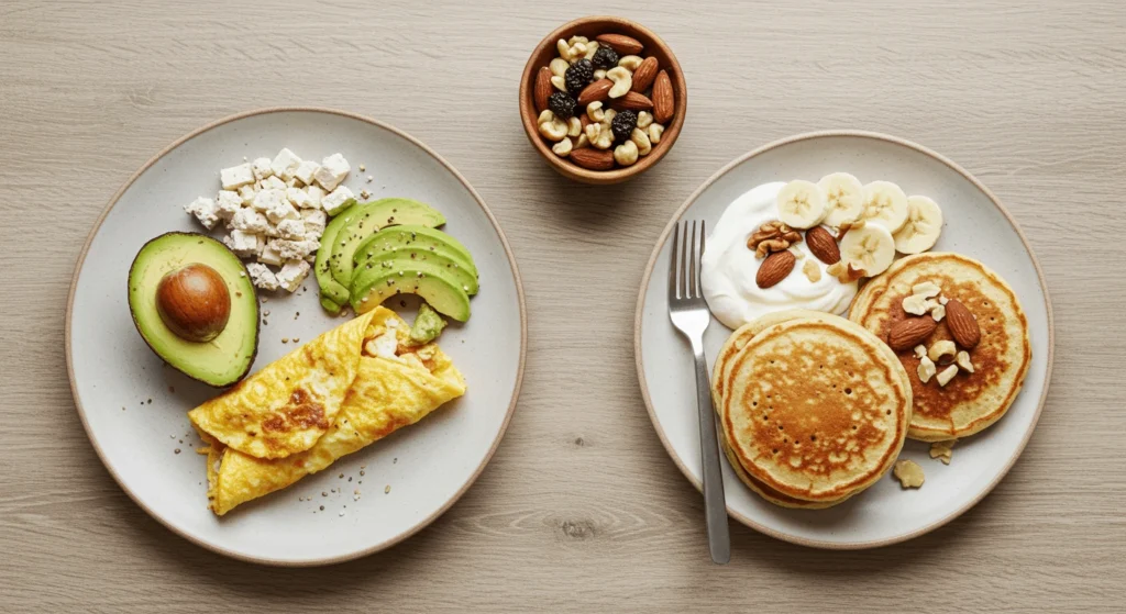 A well-organized keto breakfast routine featuring a plate of eggs, avocado, bacon, and coffee, with a journal and meal-tracking app in the background.