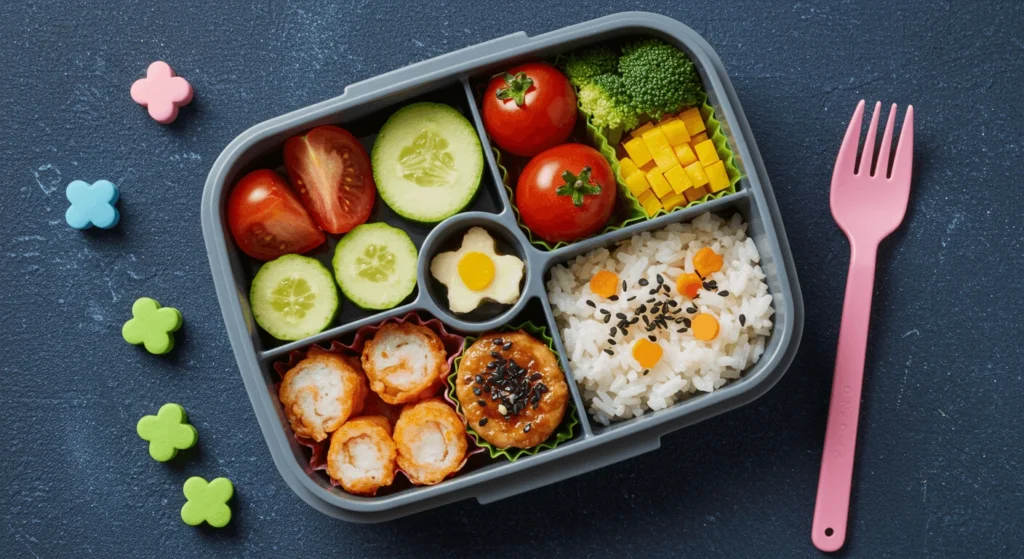 Colorful bento lunch box with small portions of fruits, vegetables, cheese cubes, and sushi rolls