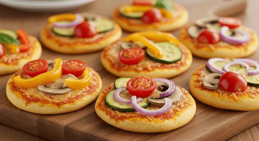 Mini veggie pizzas topped with colorful bell peppers, tomatoes, and cheese on a whole-grain base.