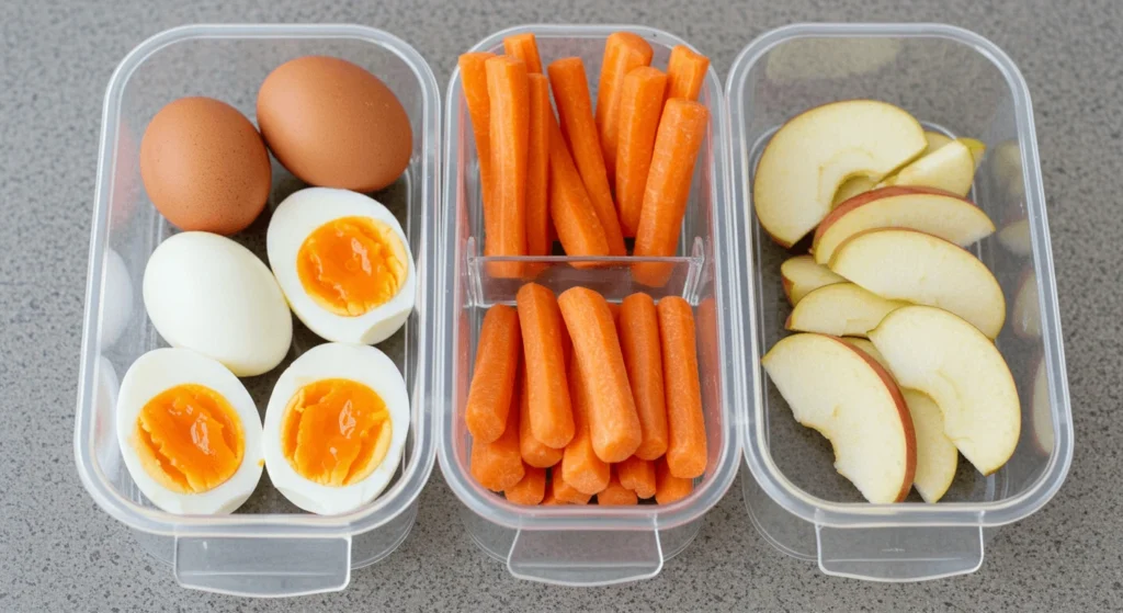 Energy-boosting snack pack with boiled eggs, baby carrots, and a fresh apple for a nutritious tween snack