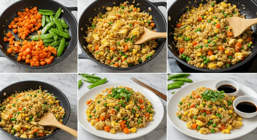 A bowl of classic fried rice with golden-brown rice, colorful vegetables, scrambled eggs, and garnished with chopped green onions.