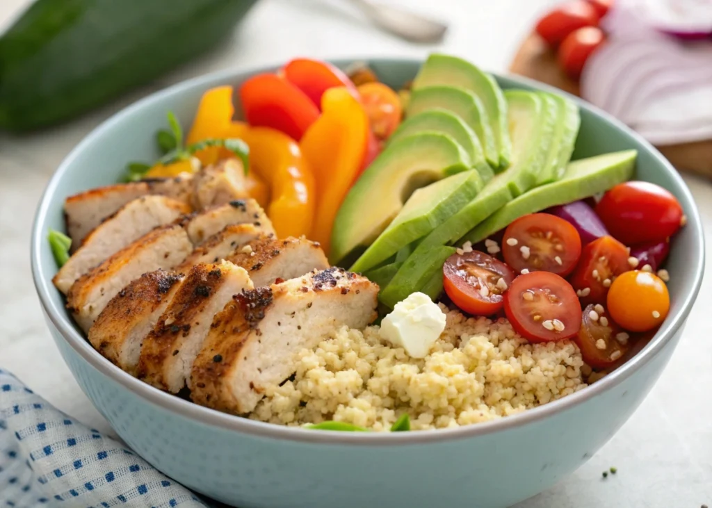 A selection of ingredients for a chicken quinoa bowl, including chicken breast, quinoa, fresh vegetables, and dressings.